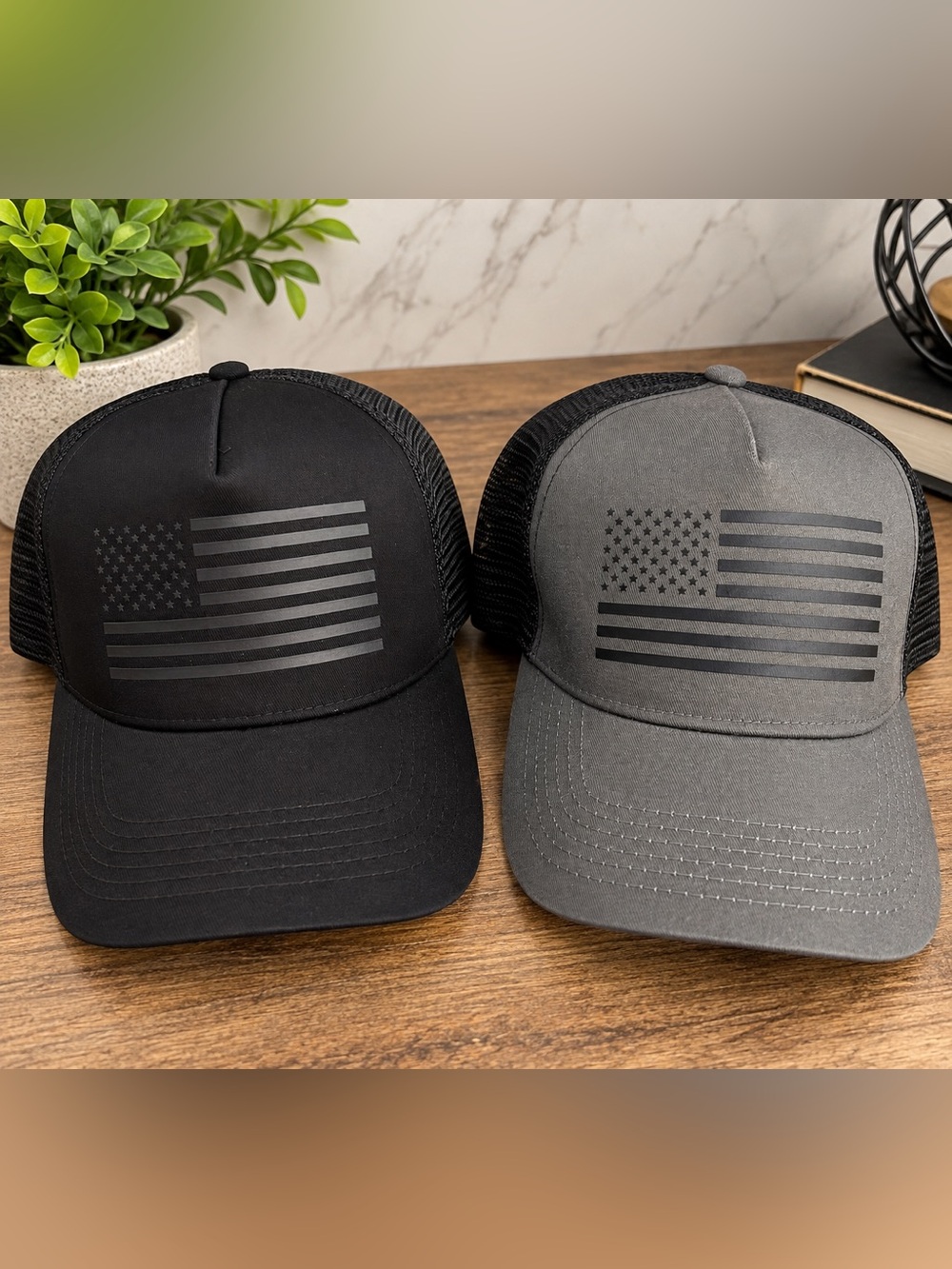 Amazon Men's Trucker Caps with Subtle American Flag - Black & Gray
